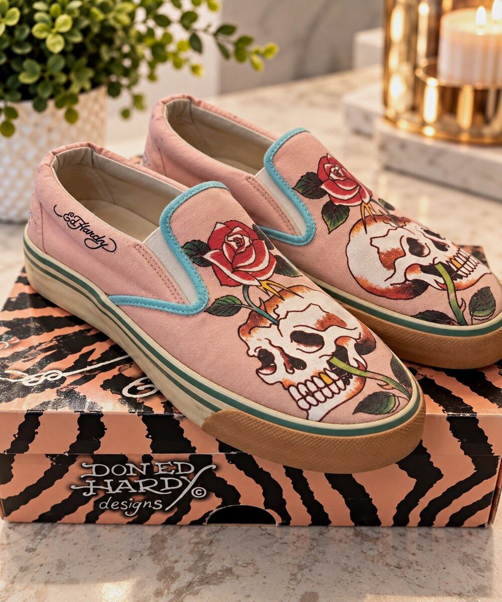 Ed Hardy Women’s Pink Canvas Slip-On Comfort Shoes Skull Graphic Lowrise 7